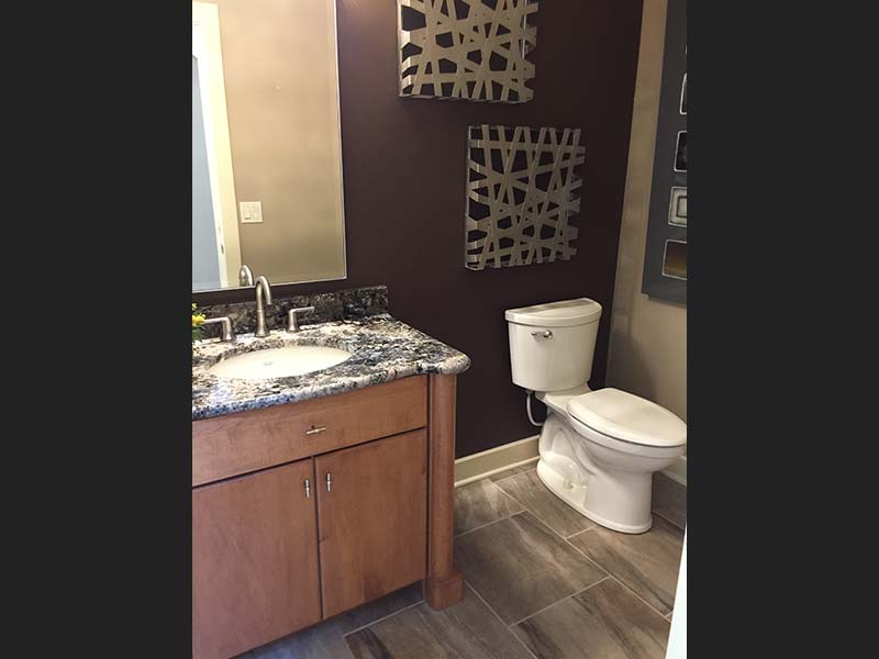 Diamond Wave bathroom counter pairs nicely with both plums and medium wood cabinets.