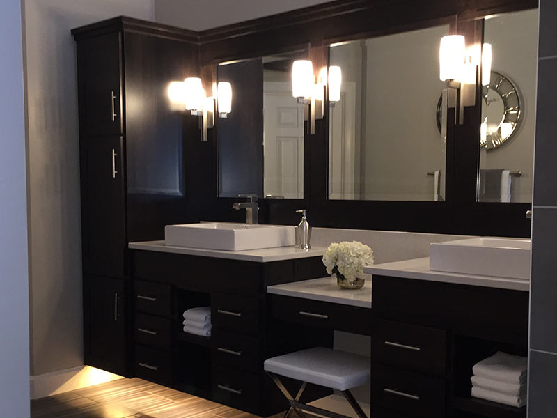 London Gray Quartz bathroom counter with double vessel sinks.